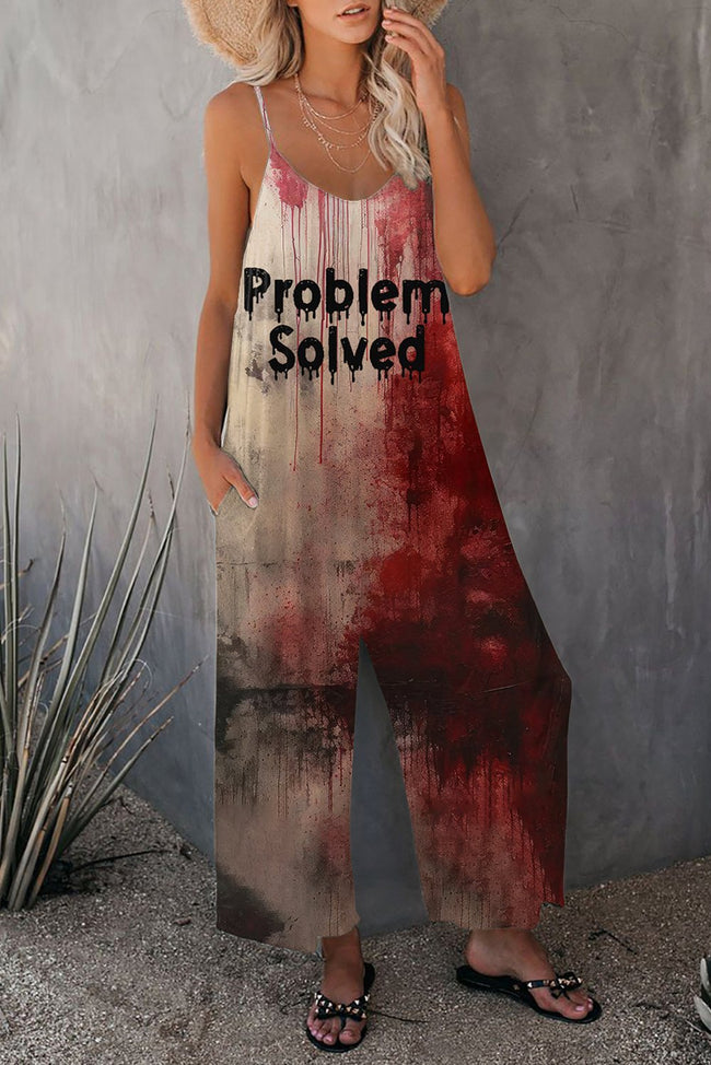 Vintage Bloody Problem Solved Halloween Print Wide leg Jumpsuit with Pockets