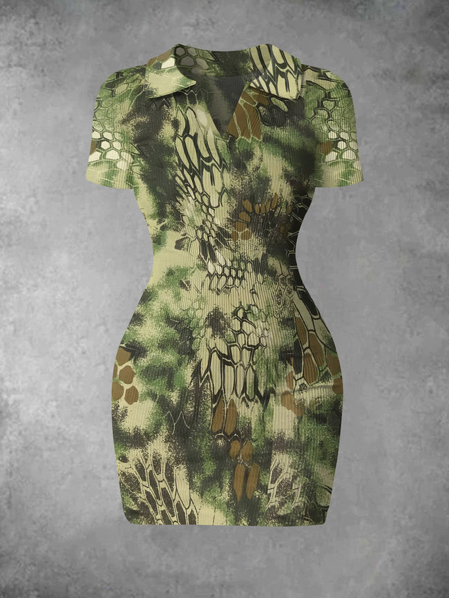 Women's Vintage Camouflage Print Ribbed Bodycon Mini Dress