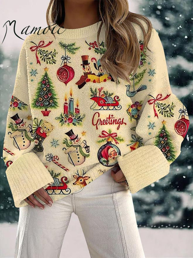 Women's Christmas Retro Old Fashion Print Fuzzy Knit Casual Pullover Sweaters