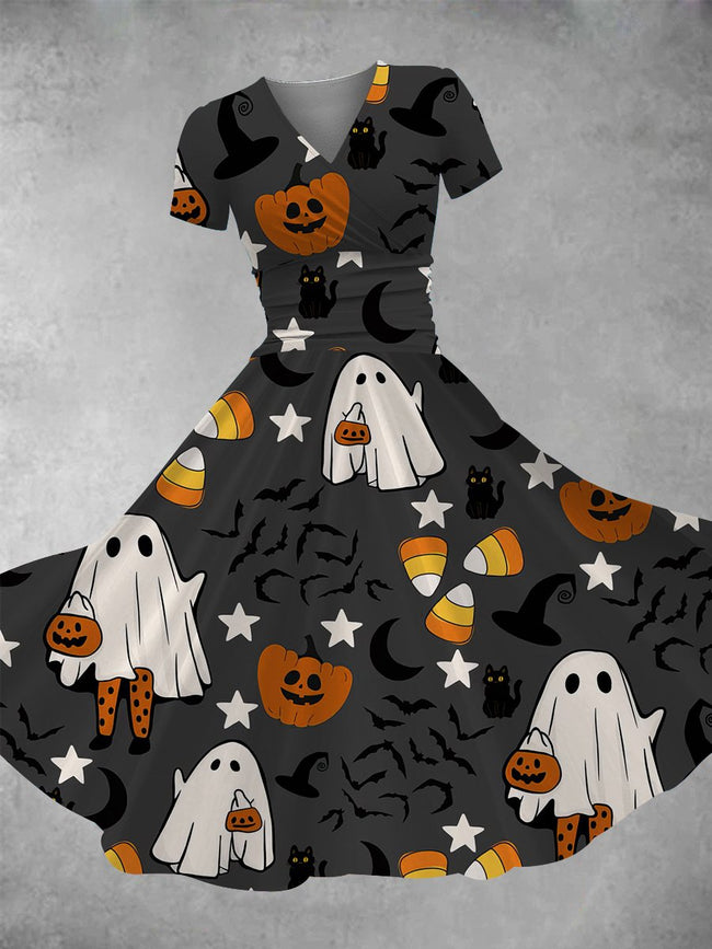 Women's Vintage Halloween Ghost Print Maxi Dress