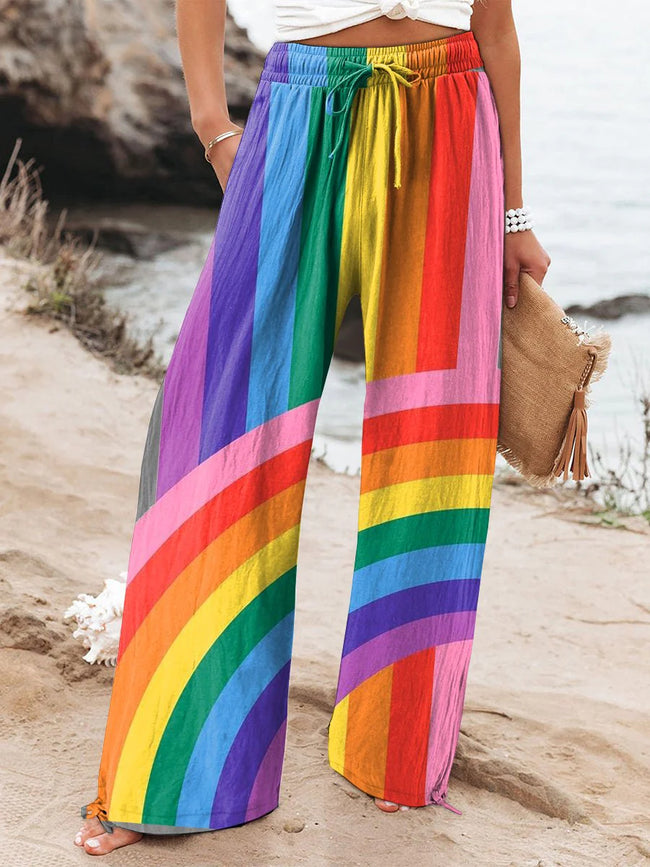 Women's Rainbow Printed Cotton And Linen Casual Pants