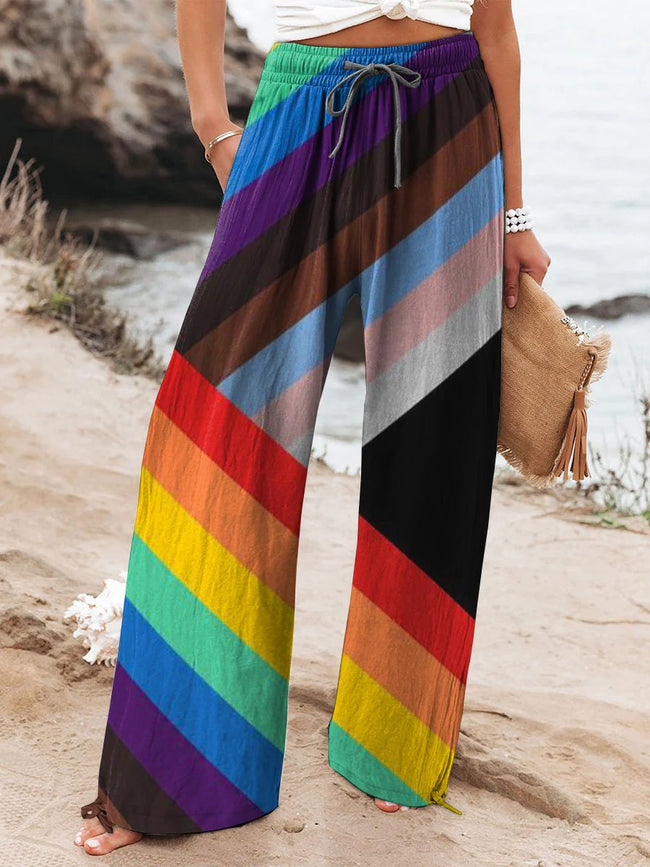 Women's Rainbow Printed Cotton And Linen Casual Pants