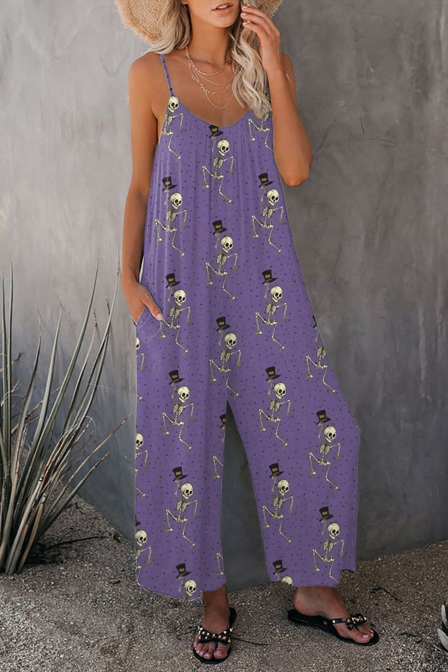 Vintage Skeleton Dance Halloween Print Wide leg Jumpsuit with Pockets