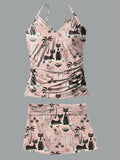 V-Neck Vacation Hawaii Palm Tree Black Cat Art Print Suspender Skirt Tankini Pantskirt Set Swimsuit