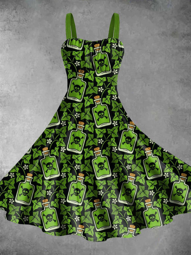 Vintage Skull Potion Halloween Print Backless Dress