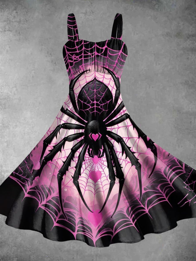 Vintage Spider Halloween Print Backless Dress