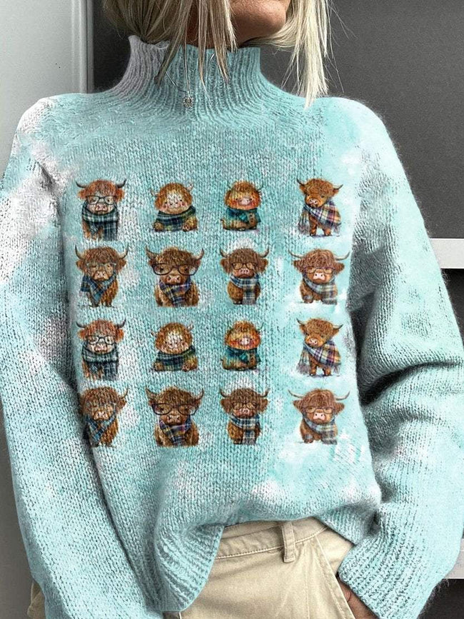 Vintage Highland Cow Print Knit Turtleneck Pullover Sweater