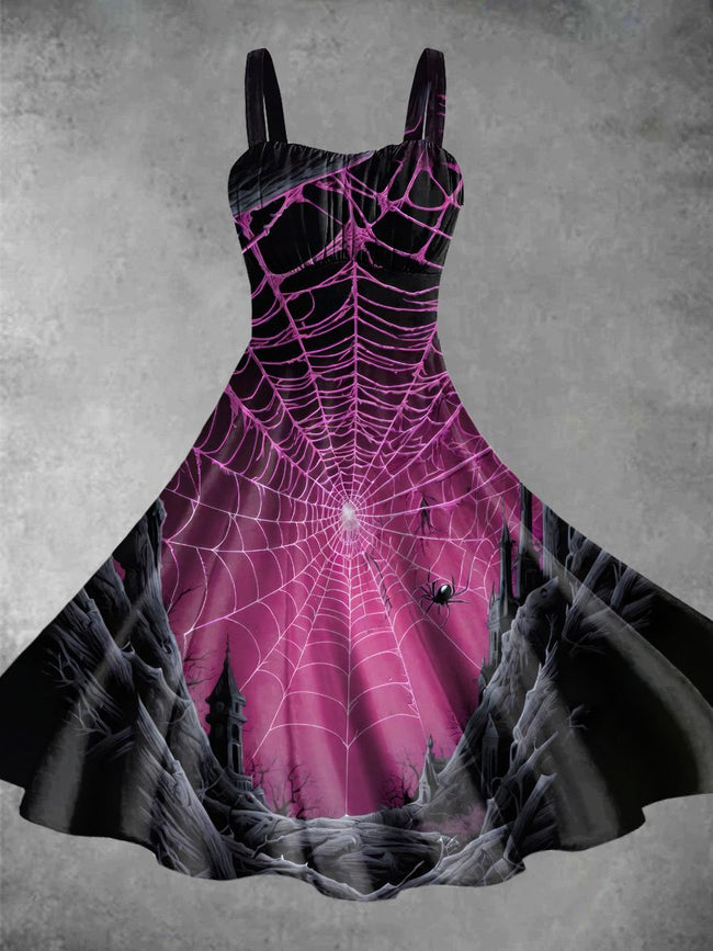 Vintage Pink Spider Web Halloween Print Backless Dress