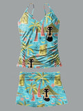 V-Neck Vacation Hawaii Palm Tree Black Cat Art Print Suspender Skirt Tankini Pantskirt Set Swimsuit