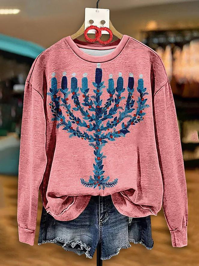 Retro Hanukkah Menorah Print Casual Sweatshirt