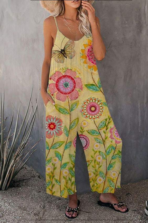 Vintage Flowers Print Wide leg Jumpsuit with Pockets