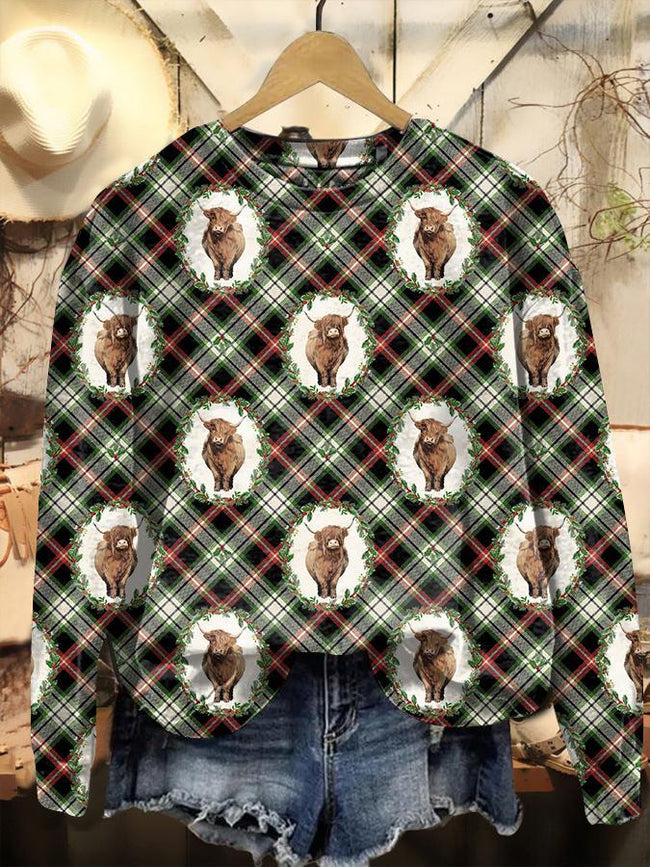 Vintage Christmas Highland Cow Printed Casual Sweatshirt