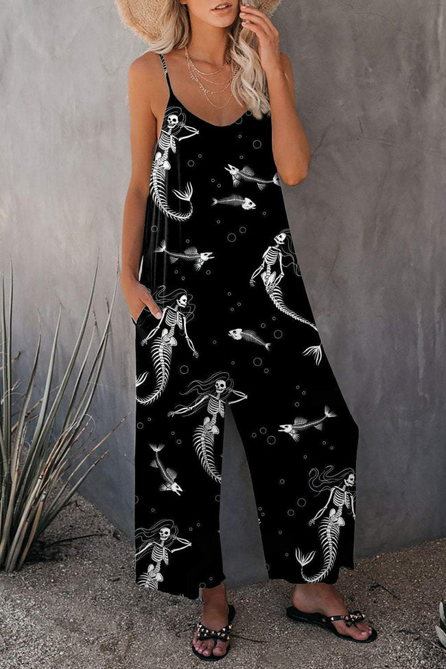 Vintage Mermaid Halloween Print Wide leg Jumpsuit with Pockets