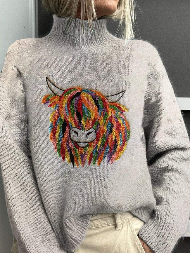 Vintage Colourful Highland Cow Print Knit Turtleneck Pullover Sweater