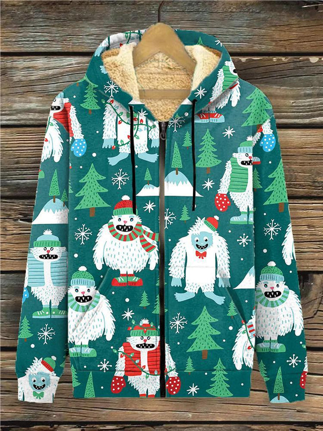 Women's Christmas Snow Monster Print Casual Fleece Track Jacket