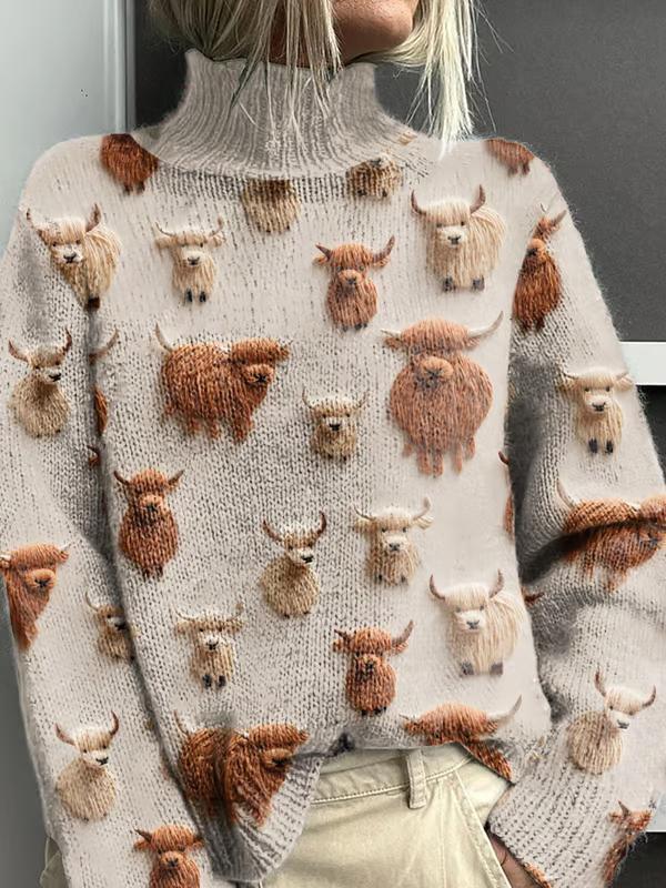 Vintage Highland Cow Print Knit Turtleneck Pullover Sweater