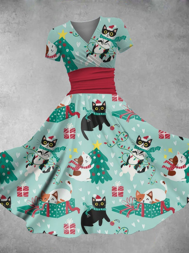 Women's Vintage Cute Christmas Cats Print Maxi Dress