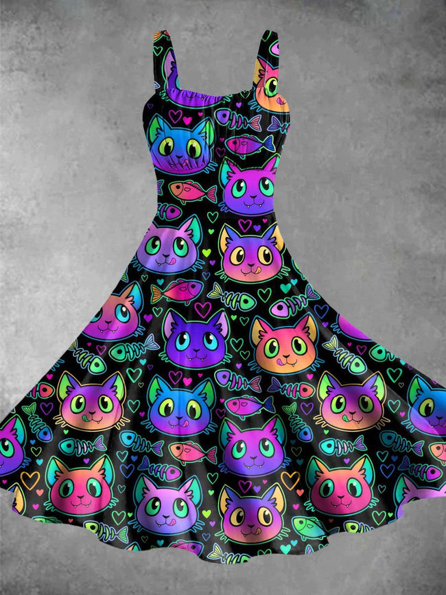 Vintage Cats and Fish Halloween Print Backless Dress