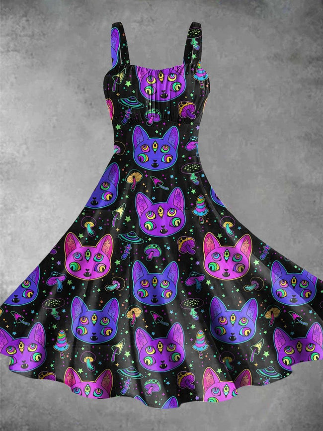 Vintage Mushrooms and Cats Halloween Print Backless Dress