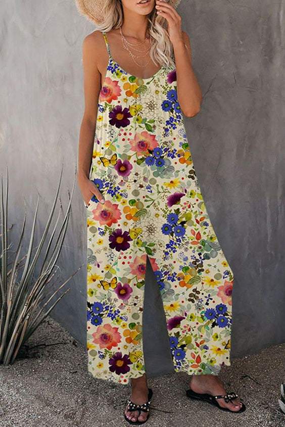 Vintage Flowers Print Wide leg Jumpsuit with Pockets