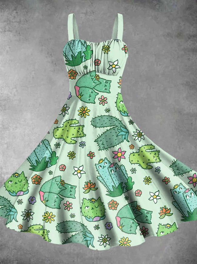 Vintage Cat Cactus Print Backless Dress