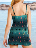 V-Neck Vacation Hawaii Cat Art Print Suspender Skirt Tankini Pantskirt Set Swimsuit