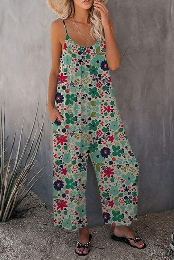 Vintage Flowers Print Wide leg Jumpsuit with Pockets