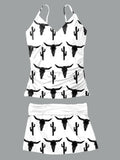 Women’s V-neck Cowgirl Style Print Suspender Skirt Tankini Set Swimsuit