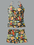 V-Neck Resort Hawaii Cocktail Print Suspender Skirt Tankini Pantskirt Set Swimsuit