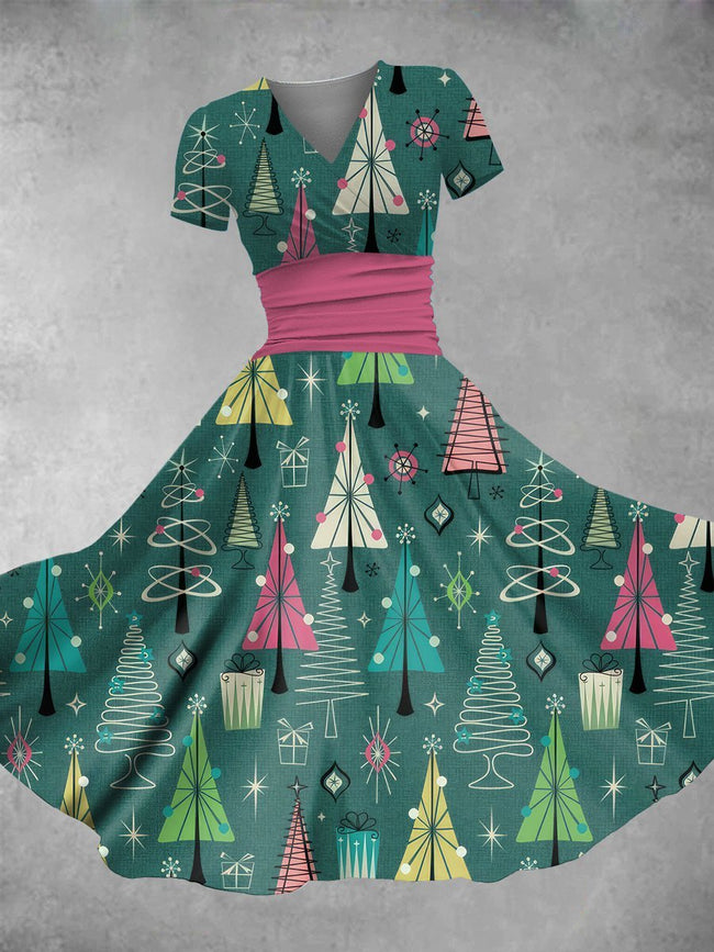 Women's Vintage Christmas Tree Print Maxi Dress