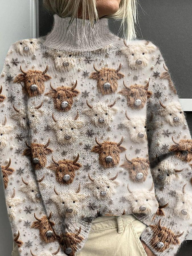 Vintage Highland Cow Print Knit Turtleneck Pullover Sweater