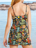 V-Neck Resort Hawaii Cocktail Print Suspender Skirt Tankini Pantskirt Set Swimsuit