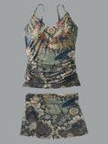 V-neck Vintage Thread Flower Print Suspender Skirt Tankini Pantskirt Set Swimsuit