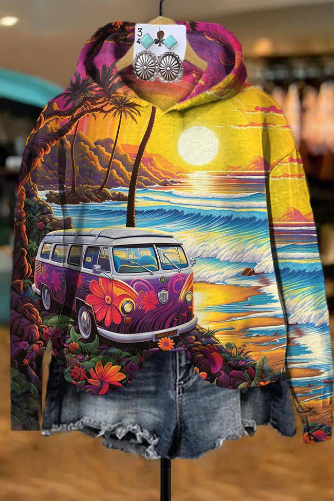 Vintage Sunset Beach Abstract Print Casual Sweatshirt Hoodie