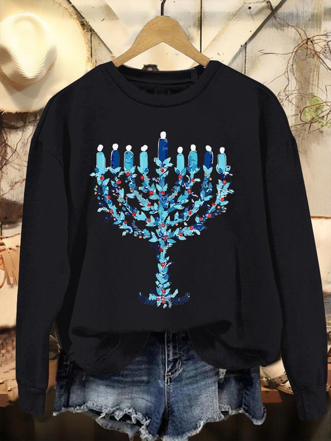 Hanukkah Menorah Print Casual Sweatshirt