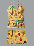 V-Neck Vacation Hawaii Palm Tree Cute Cat Art Print Suspender Skirt Tankini Pantskirt Set Swimsuit