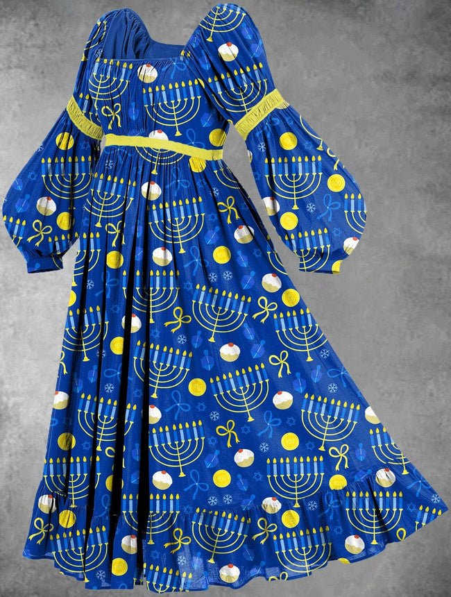 Women's Vintage Hanukkah Menorah Print Maxi Dress