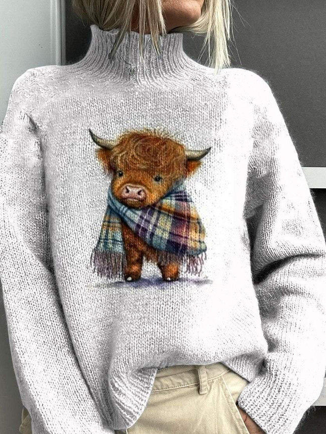 Vintage Highland Cow Print Knit Turtleneck Pullover Sweater