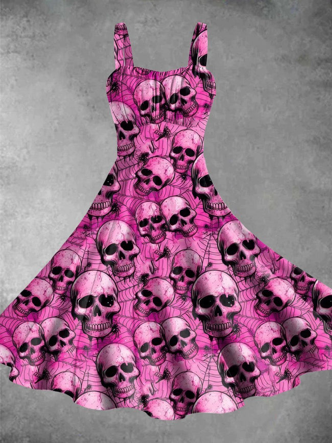 Vintage Cobweb Skeleton Halloween Print Backless Dress