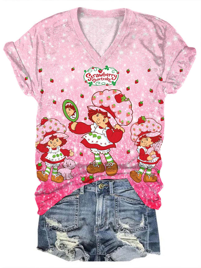 Strawberry Shortcake Print V-Neck Short Sleeve T-Shirt