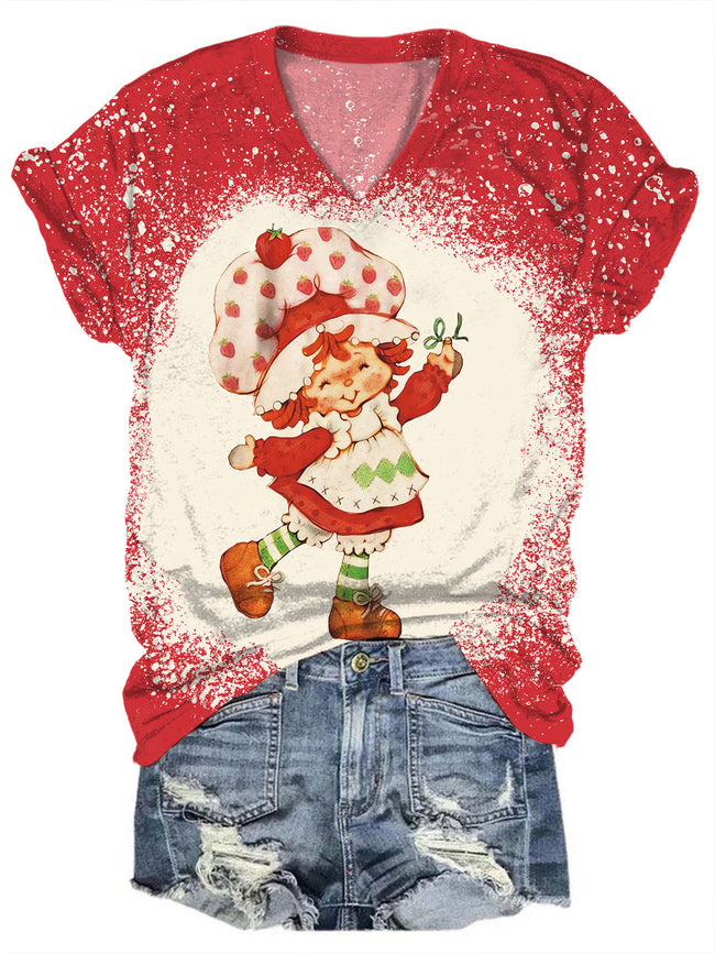 Strawberry Shortcake Print V-Neck Short Sleeve T-Shirt