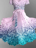 Glitter Gradient Art Print Elegant Vintage Chic V-Neck Strap Short Sleeve Midi Dress