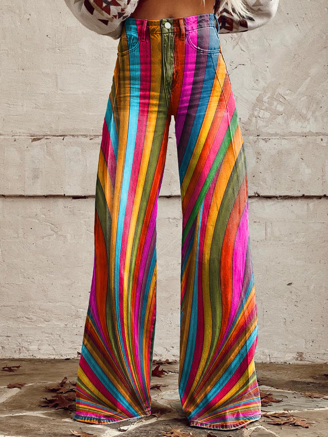 Women's Vintage Rainbow Print Casual Wide Leg Pants