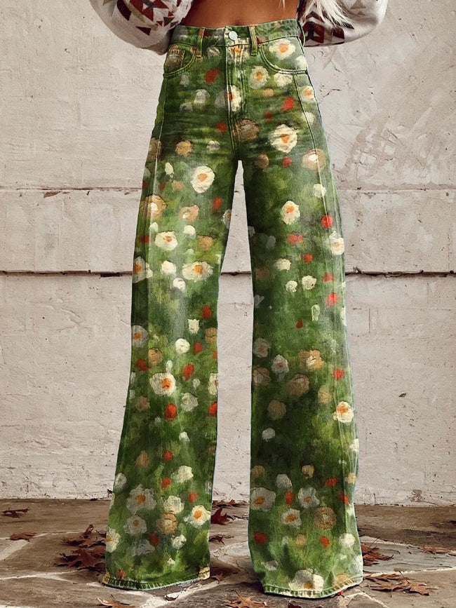 Women's Vintage Gteen Flowers Print Casual Wide Leg Pants