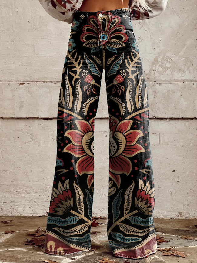 Women's Vintage Maximalist Folk Damask with raven and mystical eye Print Casual Wide Leg Pants