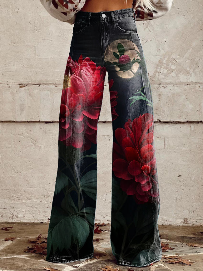 Women's Vintage Garden Flower Print Casual Wide Leg Pants