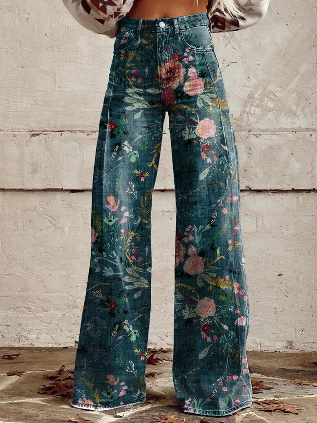 Women's Vintage Fable floral Print Casual Wide Leg Pants