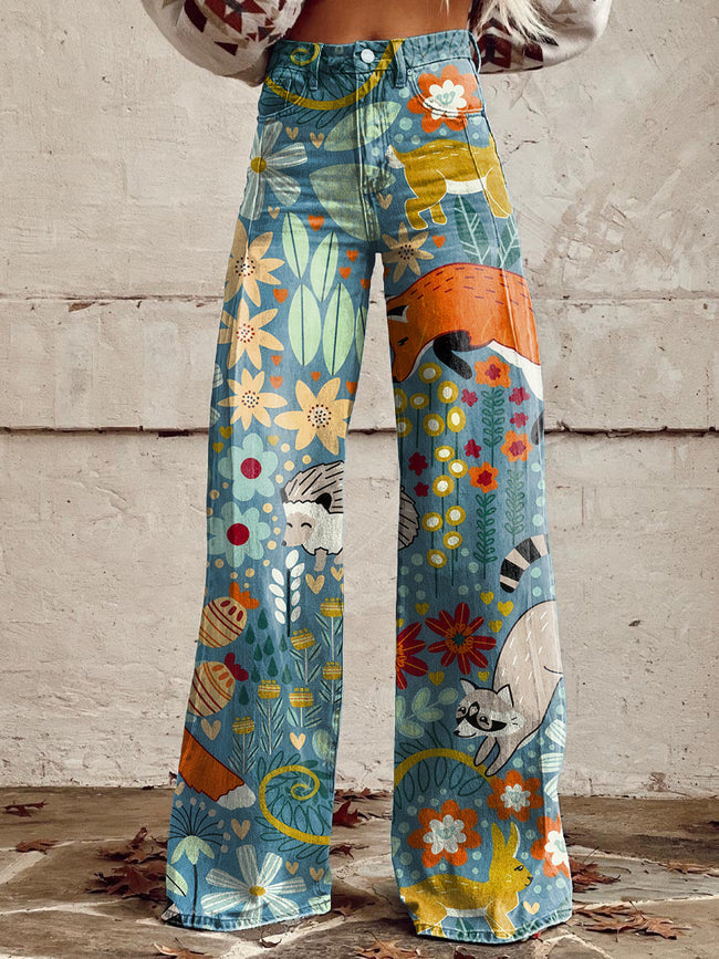 Women's Vintage Textured Woodland Pattern Print Casual Wide Leg Pants