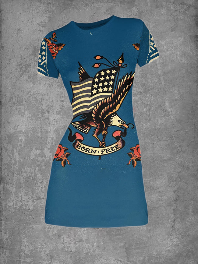 Vintage Eagle Print Graphic Crew Neck T-Shirt Dress