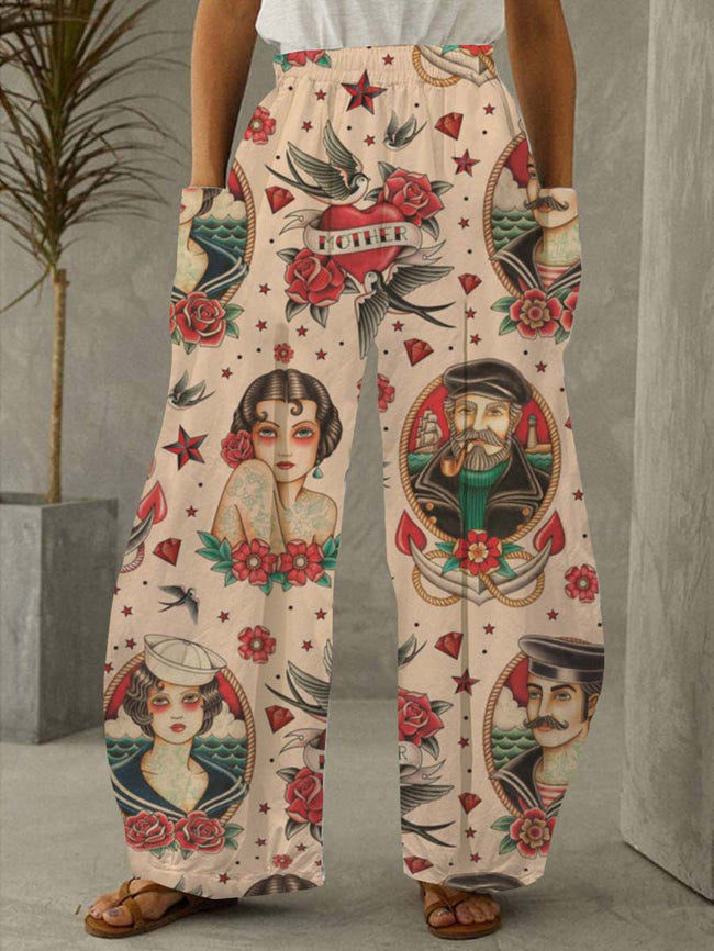 Vintage Sailor And Beauty Print Pants